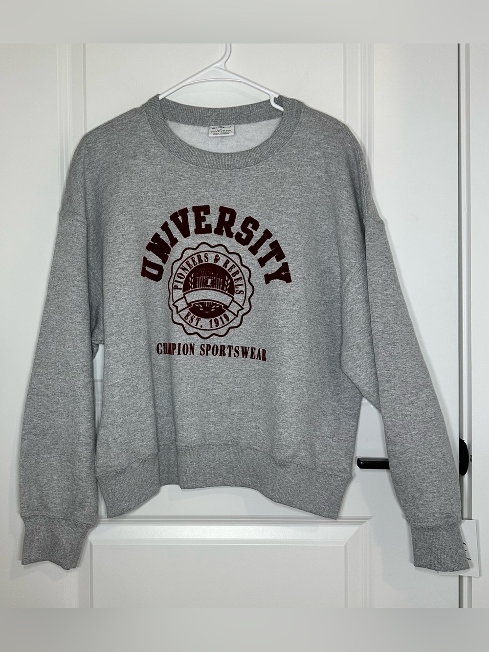 Champion Gray Crewneck with Maroon University Graphic